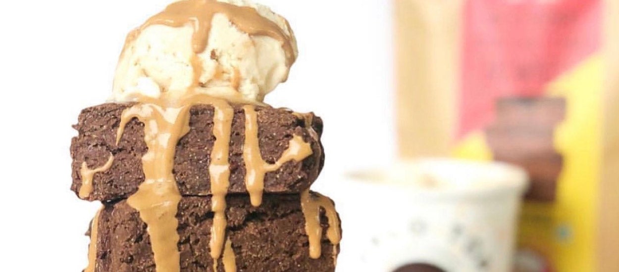 Macro Mike chocolate brownies with vanilla ice cream and caramel sauce.