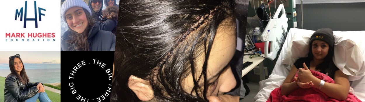 Young woman sitting on a grassy hill with Mark Hughes Foundation logo. Woman with dark hair showing post brain surgery scar on scalp. Woman wearing a beanie in a hospital bed.