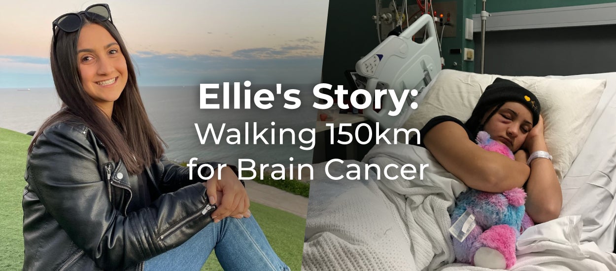 Young woman sitting on a grassy hill and recovering in hospital post brain cancer surgery