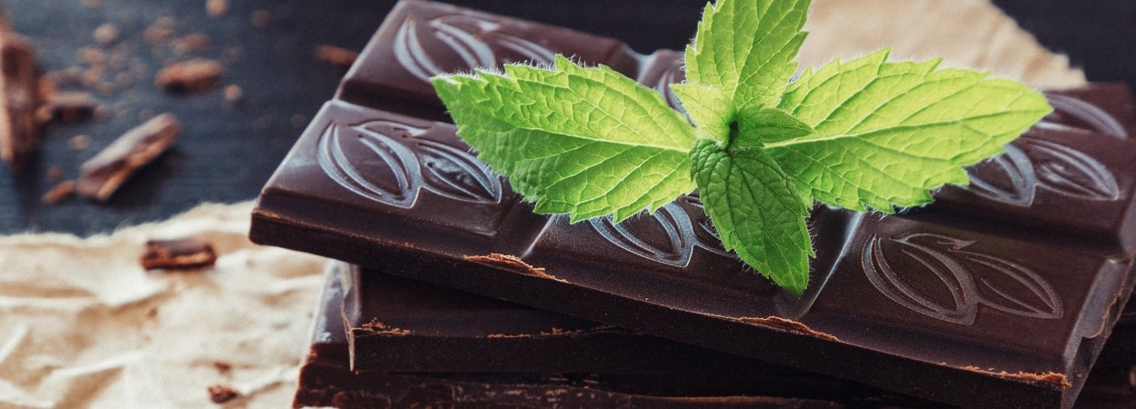 Chocolate mint protein balls recipe. Dark blocks of chocolate stacked with mint leaves on top on a dark bench top.